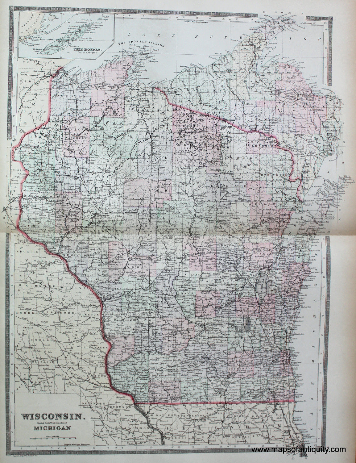 Antique-Hand-Colored-Map-Wisconsin.-Showing-North-Western-portion-of-Michigan-**********-United-States-Mid-West-1887-Bradley-Maps-Of-Antiquity