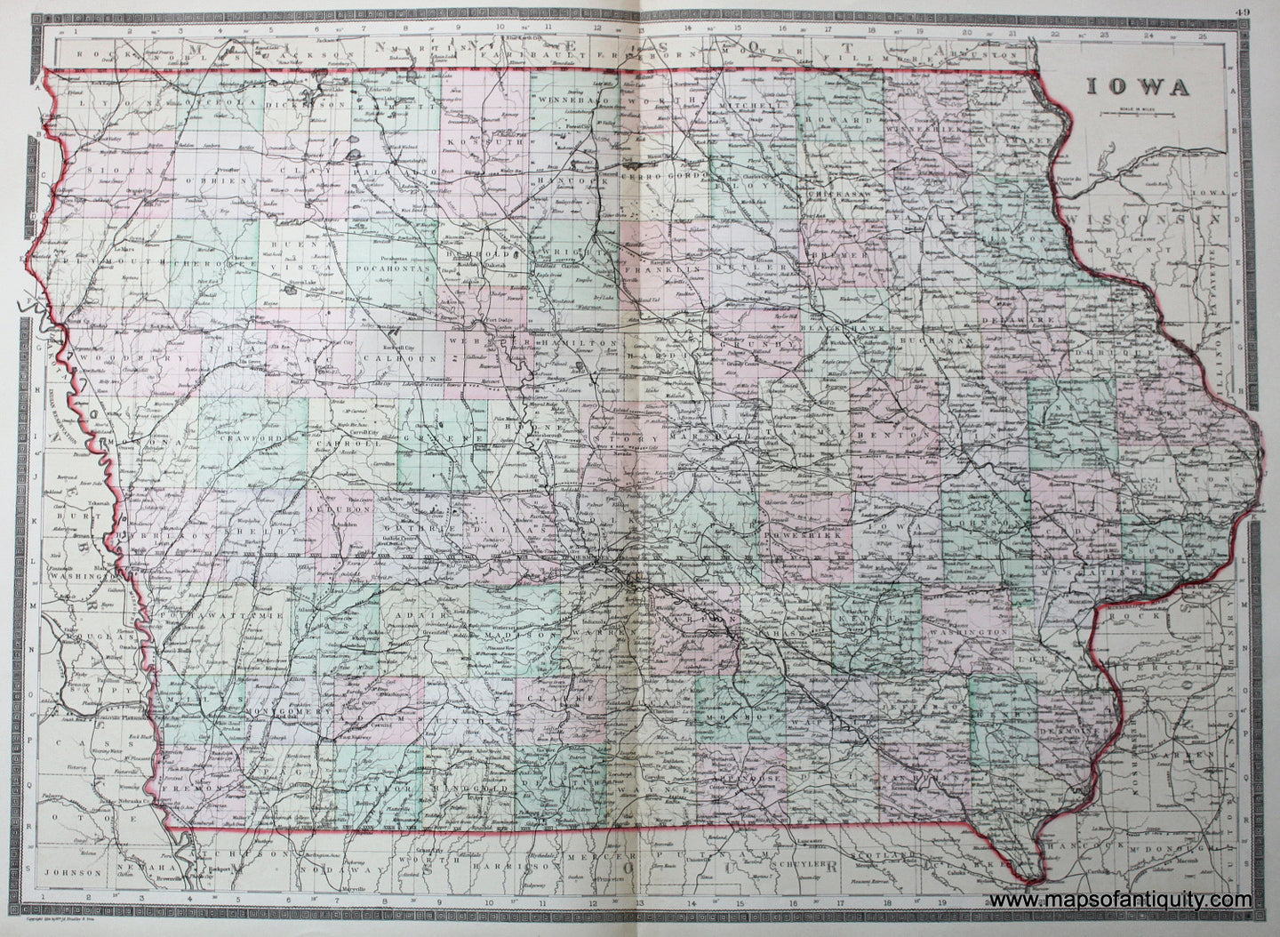 Antique-Hand-Colored-Map-Iowa-United-States-Mid-West-1887-Bradley-Maps-Of-Antiquity