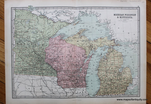 Antique-Printed-Color-Map-Michigan-Wisconsin-&-Minnesota-United-States-Midwest-1873-J.-Bartholomew-Maps-Of-Antiquity