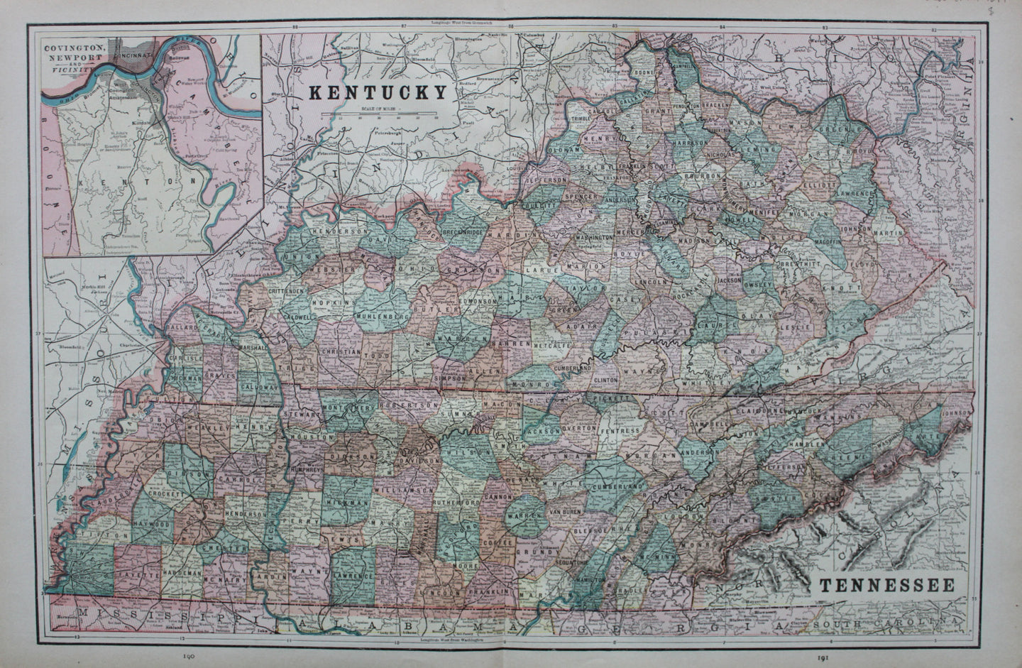 Antique-Printed-Color-Map-Kentucky-Tennessee-verso:-Nashville-Louisville-******-United-States-Midwest-1894-Cram-Maps-Of-Antiquity