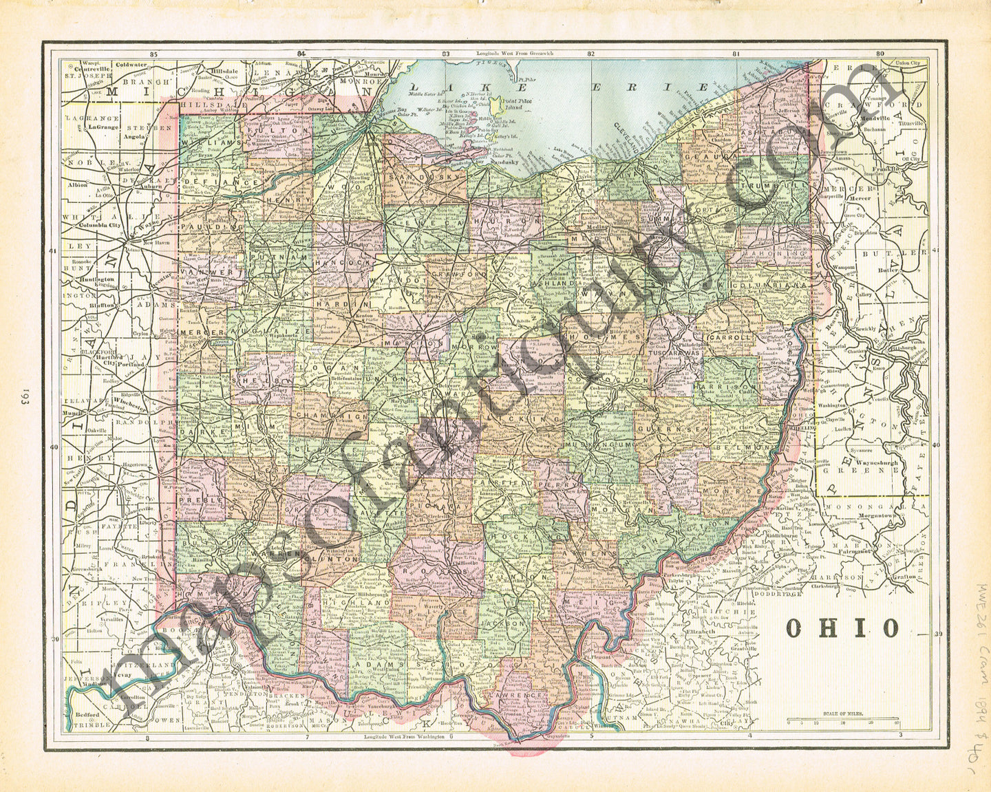 Antique-Printed-Color-Map-Ohio-verso:-Cincinnati-United-States-Midwest-1894-Cram-Maps-Of-Antiquity