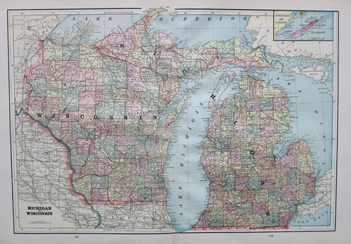 Antique-Printed-Color-Map-Michigan-and-Wisconsin-verso:-Detroit-Milwaukee-******-United-States-Midwest-1894-Cram-Maps-Of-Antiquity