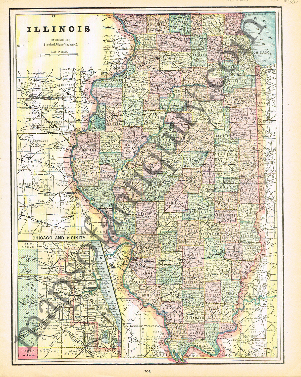 Antique-Printed-Color-Map-Illinois-verso:-Chicago-United-States-Midwest-1894-Cram-Maps-Of-Antiquity