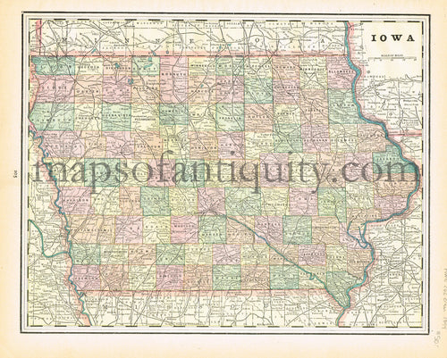 Antique-Printed-Color-Map-Iowa-verso:-Council-Bluffs-United-States-Midwest-1894-Cram-Maps-Of-Antiquity