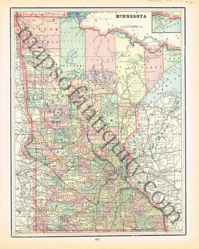 Antique-Printed-Color-Map-Minnesota-verso:-St.-Paul-**********-United-States-Midwest-1894-Cram-Maps-Of-Antiquity