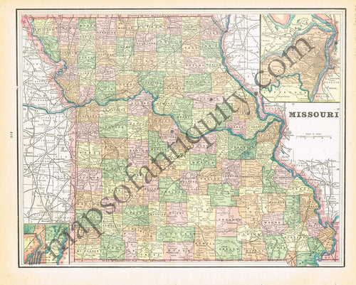 Antique-Printed-Color-Map-Missouri-verso:-Minneapolis-Minnesota-United-States-Midwest-1894-Cram-Maps-Of-Antiquity