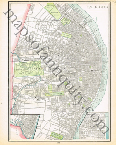 Antique-Printed-Color-Map-St.-Louis-Missouri-verso:-Kansas-City-Missouri-and-Kansas-City-Kansas-United-States-Midwest-1894-Cram-Maps-Of-Antiquity