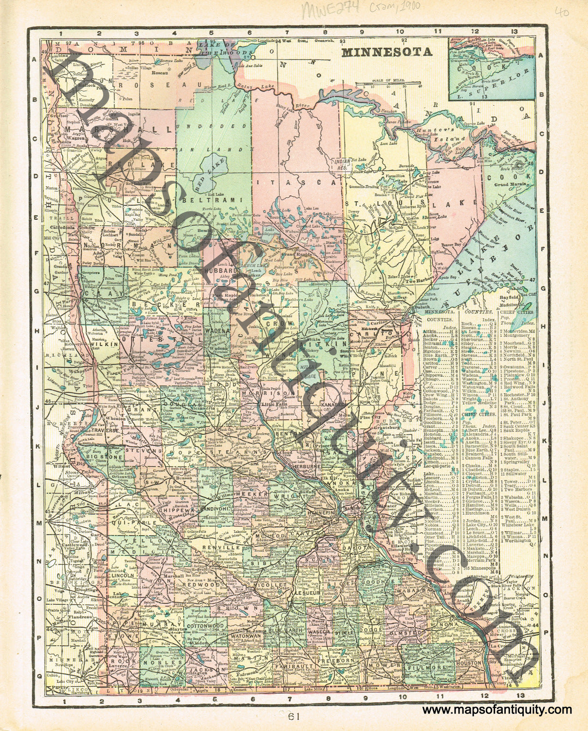 Antique-Printed-Color-Map-Minnesota-verso:-North-Dakota-North-America-Midwest-1900-Cram-Maps-Of-Antiquity