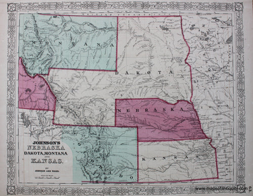 Antique-Hand-Colored-Map-Johnson's-Nebraska-Dakota-Montana-and-Kansas-United-States-Midwest-1864-Johnson-and-Ward-Maps-Of-Antiquity