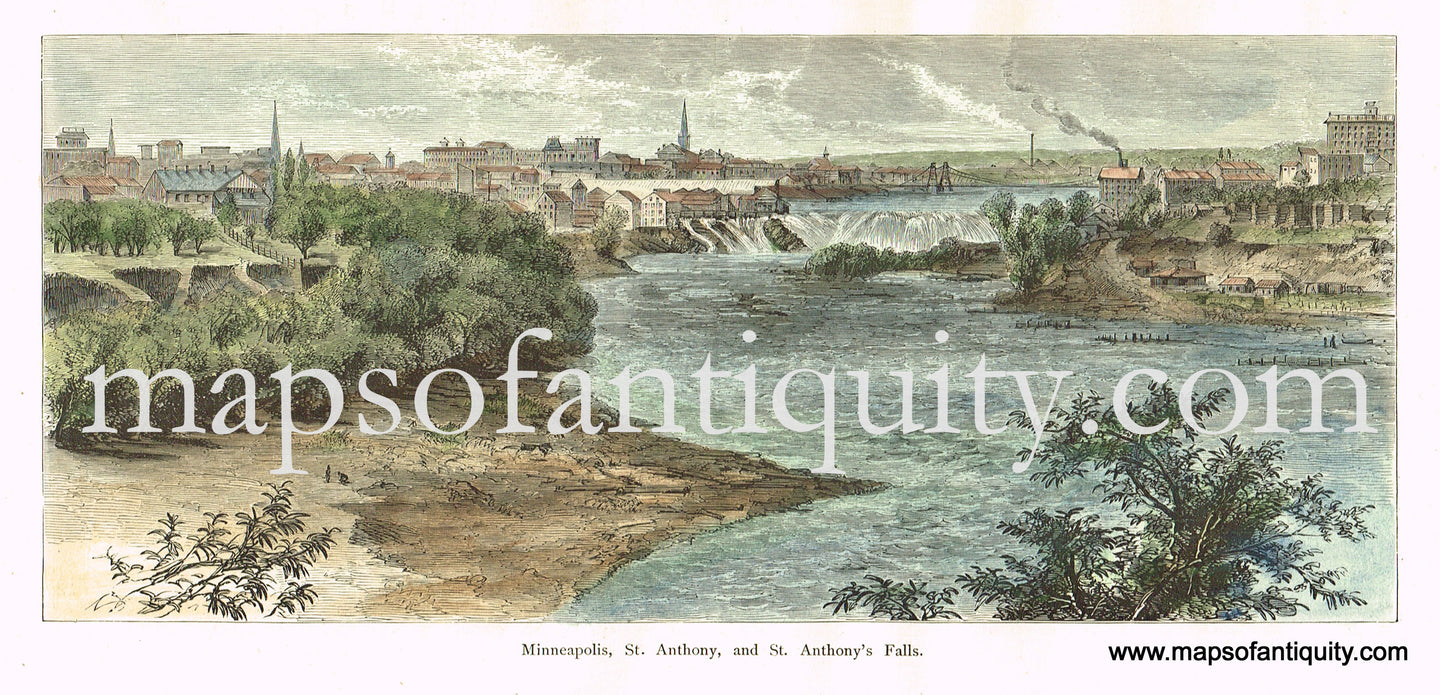 Antique-Hand-Colored-Engraved-Illustration-Minneapolis-St.-Anthony-and-St.-Anthony's-Falls-**********-United-States-Midwest-1872-Picturesque-America-Maps-Of-Antiquity