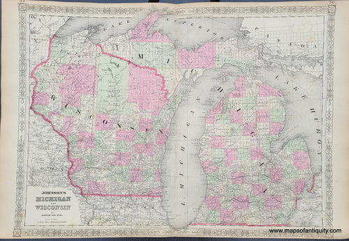 Antique-Hand-Colored-Map-Johnson's-Michigan-and-Wisconsin-United-States-Midwest-1864-Johnson-and-Ward-Maps-Of-Antiquity