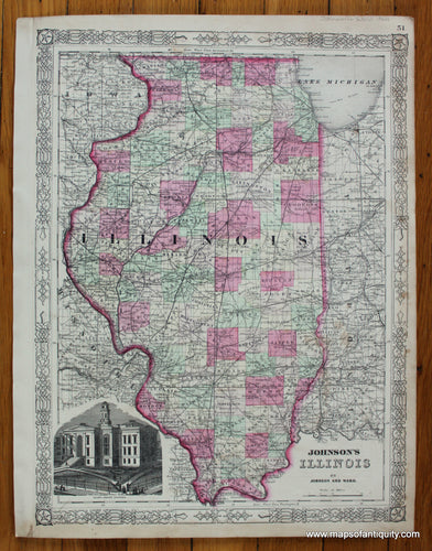 Antique-Hand-Colored-Map-Johnson's-Illinois-United-States-Midwest-1864-Johnson-and-Ward-Maps-Of-Antiquity