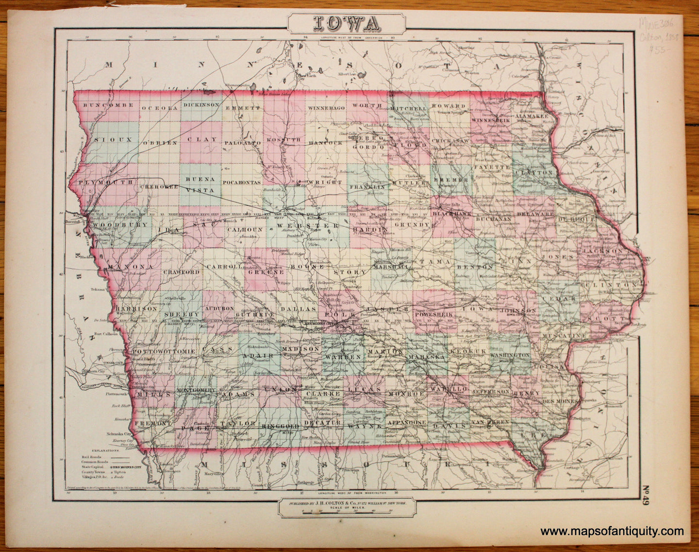 Antique-Hand-Colored-Map-Iowa-******-United-States-Midwest-1858-Colton-Maps-Of-Antiquity