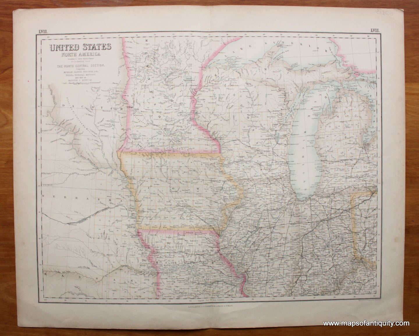 Antique-Hand-Colored-Map-United-States-North-America:-The-North-Central-Section--Comprising-Michigan-Illinois-Wisconsin-Iowa-Indiana-Nebraska-Minnisota-and-part-of-Missouri-&-Kentucky.-**********-United-States-Midwest-c.-1860-Fullarton-Maps-Of-Antiquity