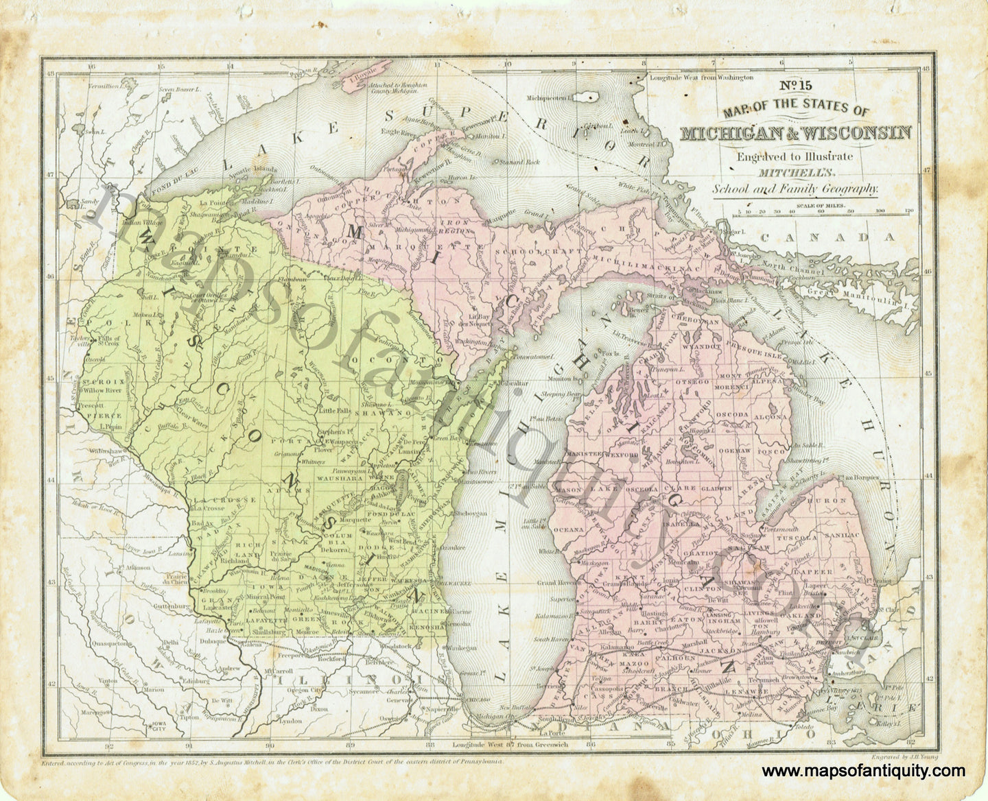 Antique-Hand-Colored-Map-No.-15-Map-of-the-States-of-Michigan-&-Wisconsin-United-States-Midwest-1854-Mitchell-Maps-Of-Antiquity