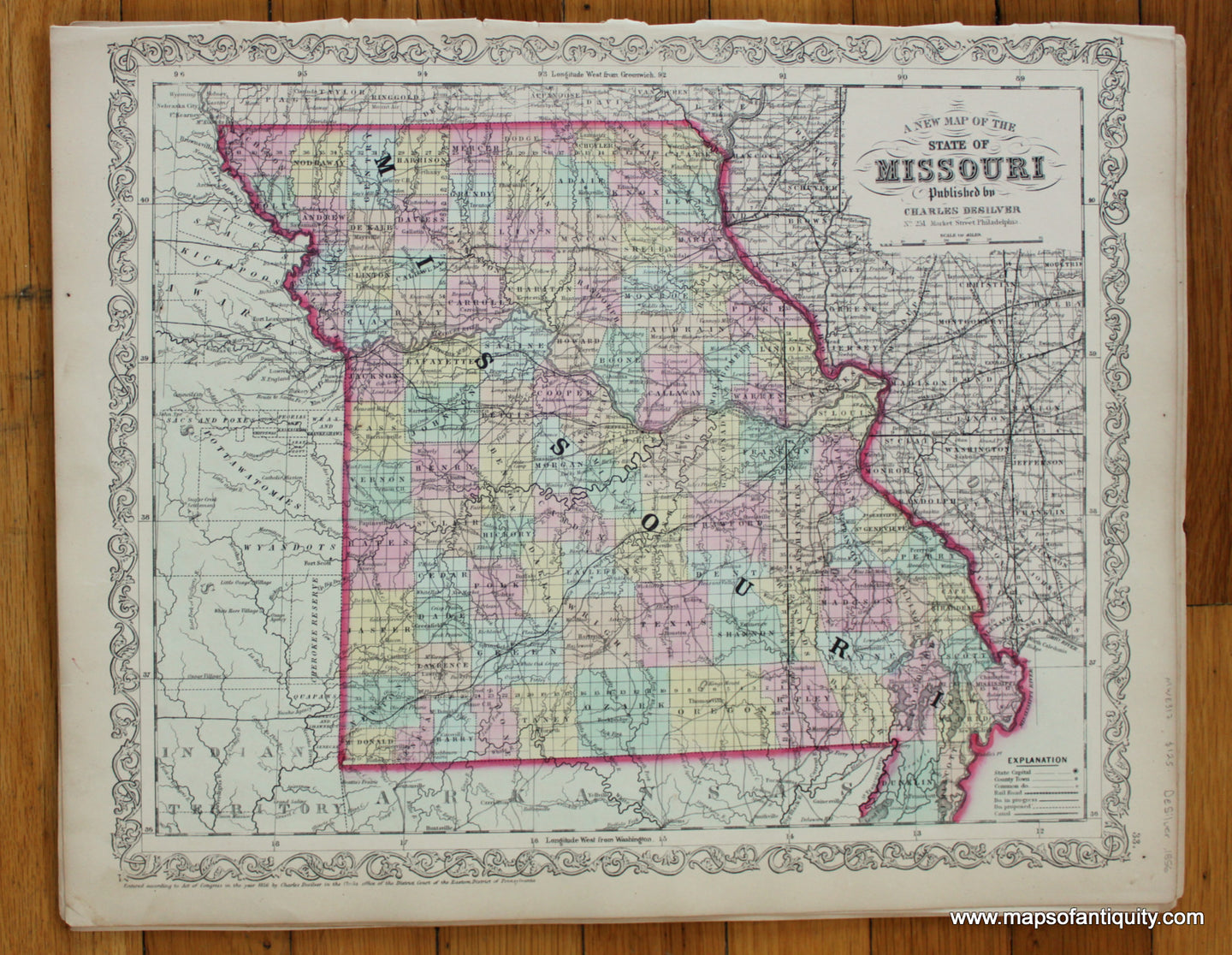 Antique-Hand-Colored-Map-A-New-Map-of-the-State-of-Missouri-Published-by-Charles-Desilver-United-States-Midwest-1856-Desilver-Maps-Of-Antiquity