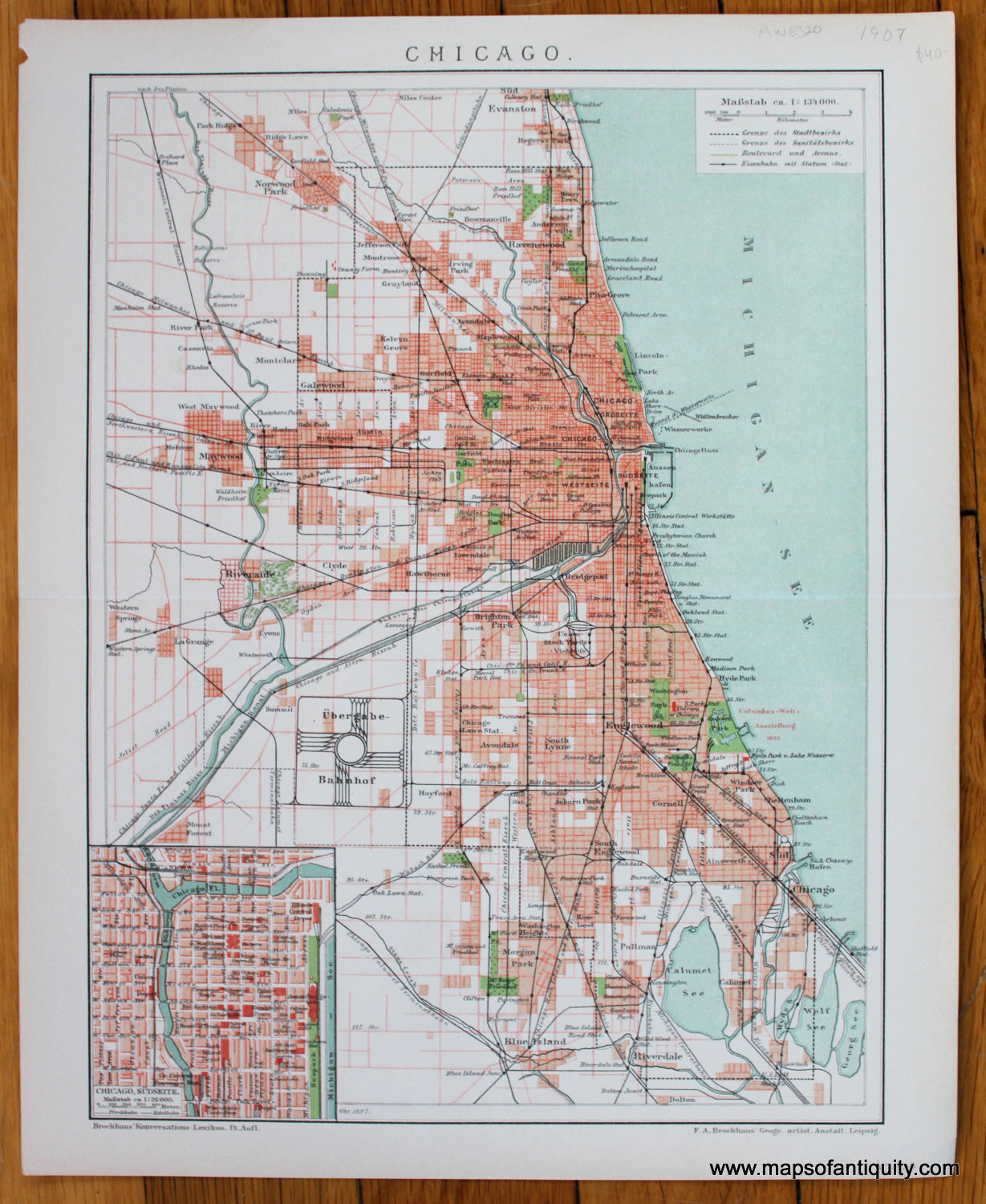 Antique-Printed-Color-Map-Chicago.-**********-United-States-Midwest-1907-Brockhaus-Maps-Of-Antiquity