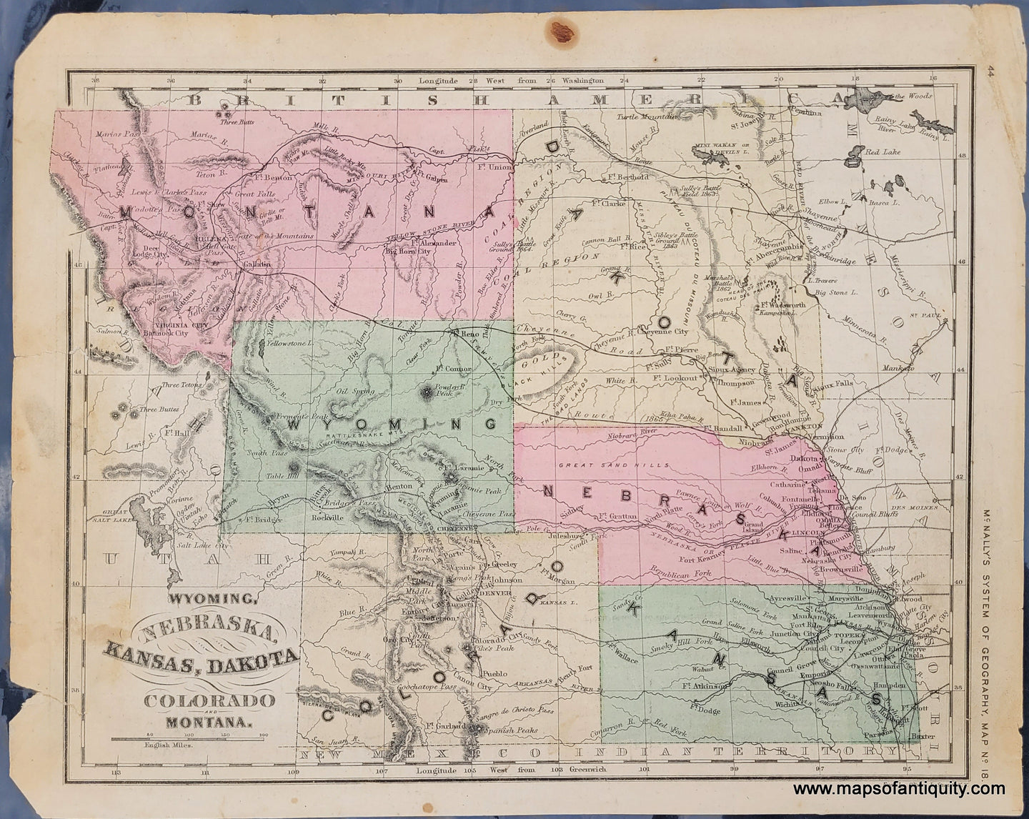 Antique-Hand-Colored-Map-Wyoming-Nebraska-Kansas-Dakota-Colorado-and-Montana.-United-States-Midwest-c.-1865-McNally-Maps-Of-Antiquity