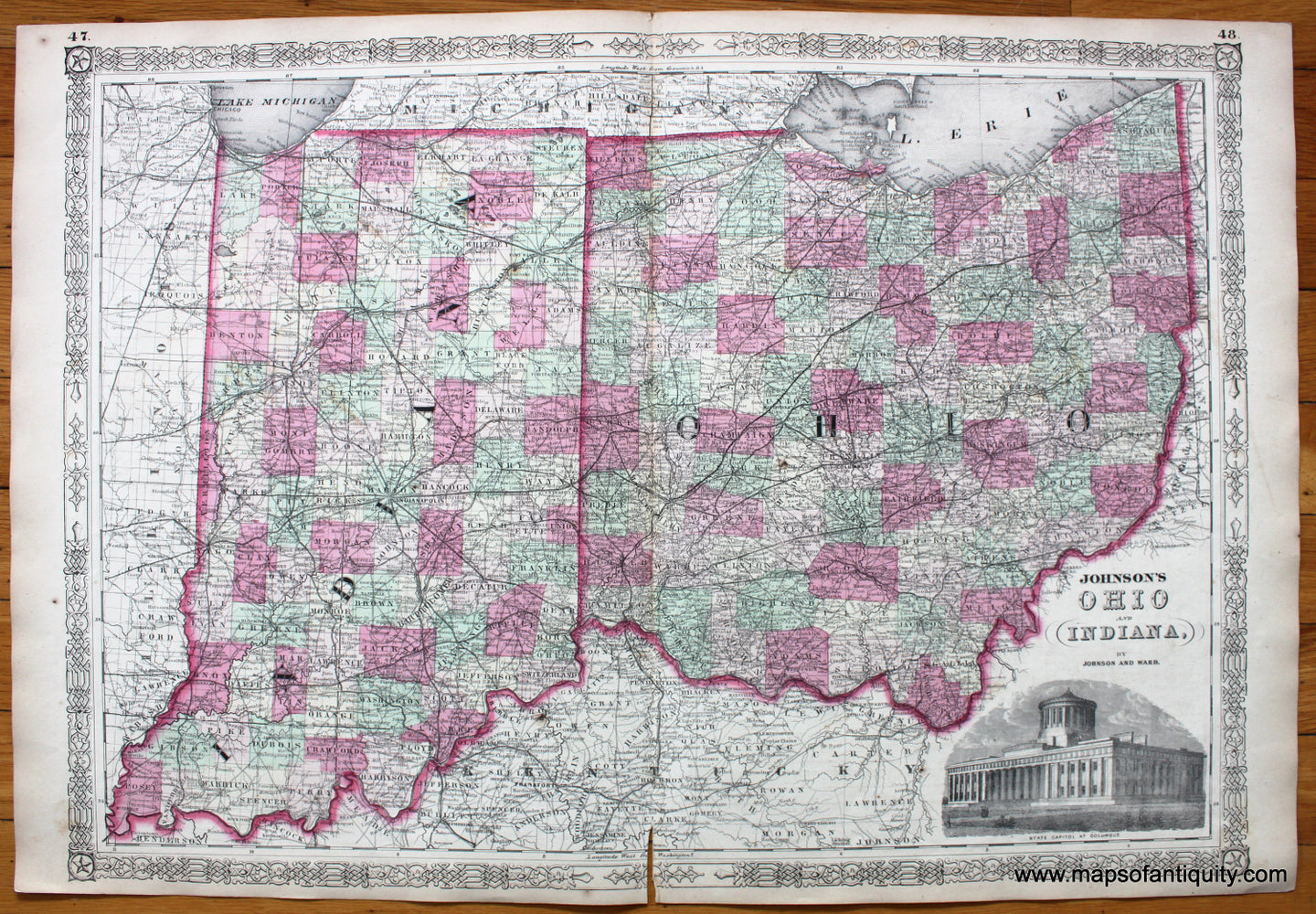 Antique-Hand-Colored-Map-Johnson's-Ohio-and-Indiana-United-States-Midwest-1864-Johnson-and-Ward-Maps-Of-Antiquity
