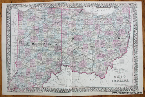 Antique-Hand-Colored-Map-County-&-Township-Map-of-the-States-of-Ohio-and-Indiana-United-States-Midwest-1880-Mitchell-Maps-Of-Antiquity