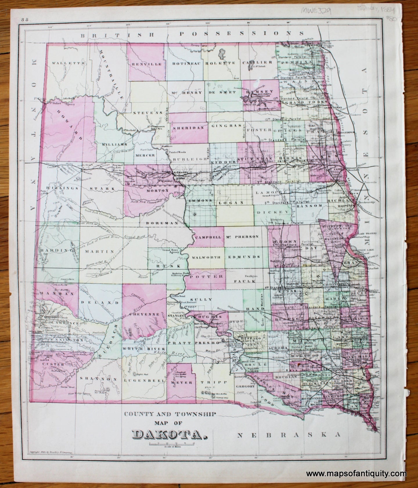 Antique-Hand-Colored-Map-County-and-Township-Map-of-Dakota.-United-States-Midwest-1884-Bradley-Maps-Of-Antiquity