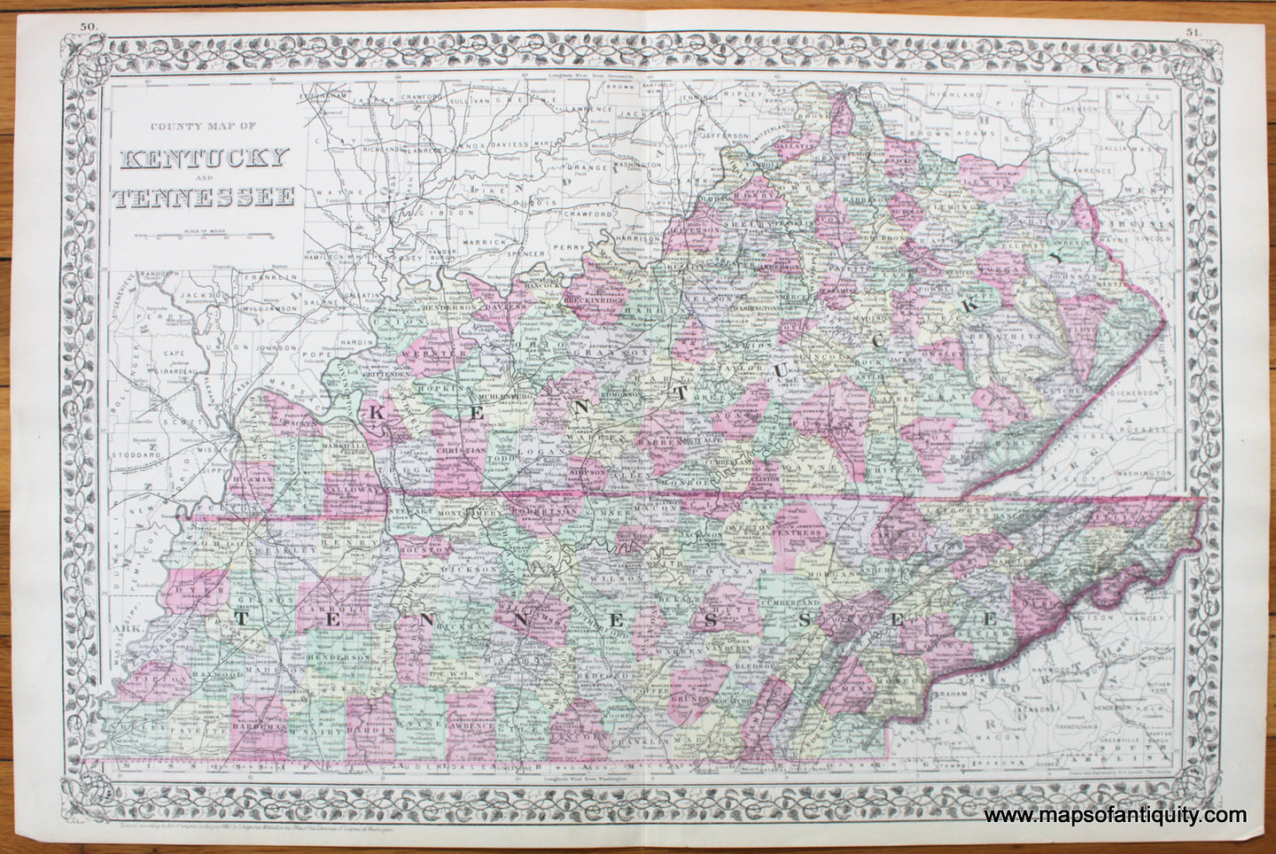 Antique-Hand-Colored-Map-County-Map-of-Kentucky-and-Tennessee-United-States-Mid-west-1884-Mitchell-Maps-Of-Antiquity