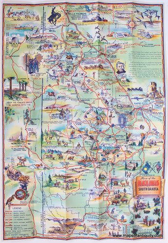 Antique-Map-Pictorial-tourist-Folding-Black-Hills-South-Dakota-1940