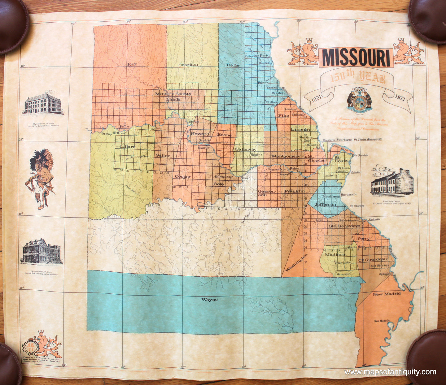 20th-Century-Commemorative-Map-Missouri-150th-Year-1971-J.W.-Keene-&-Associates-Midwest-1970s-Maps-of-Antiquity