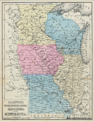 Antique-Hand-Colored-Map-Illinois-Wisconsin-Iowa-Missouri-and-Minnesota-1866-Mitchell-Midwest-1800s-19th-century-Maps-of-Antiquity