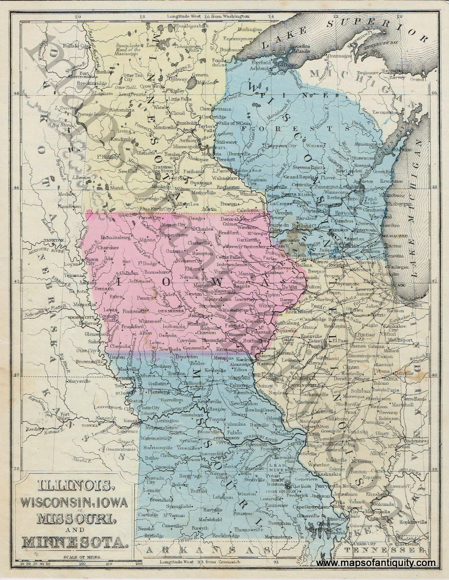 Antique-Hand-Colored-Map-Illinois-Wisconsin-Iowa-Missouri-and-Minnesota-1866-Mitchell-Midwest-1800s-19th-century-Maps-of-Antiquity