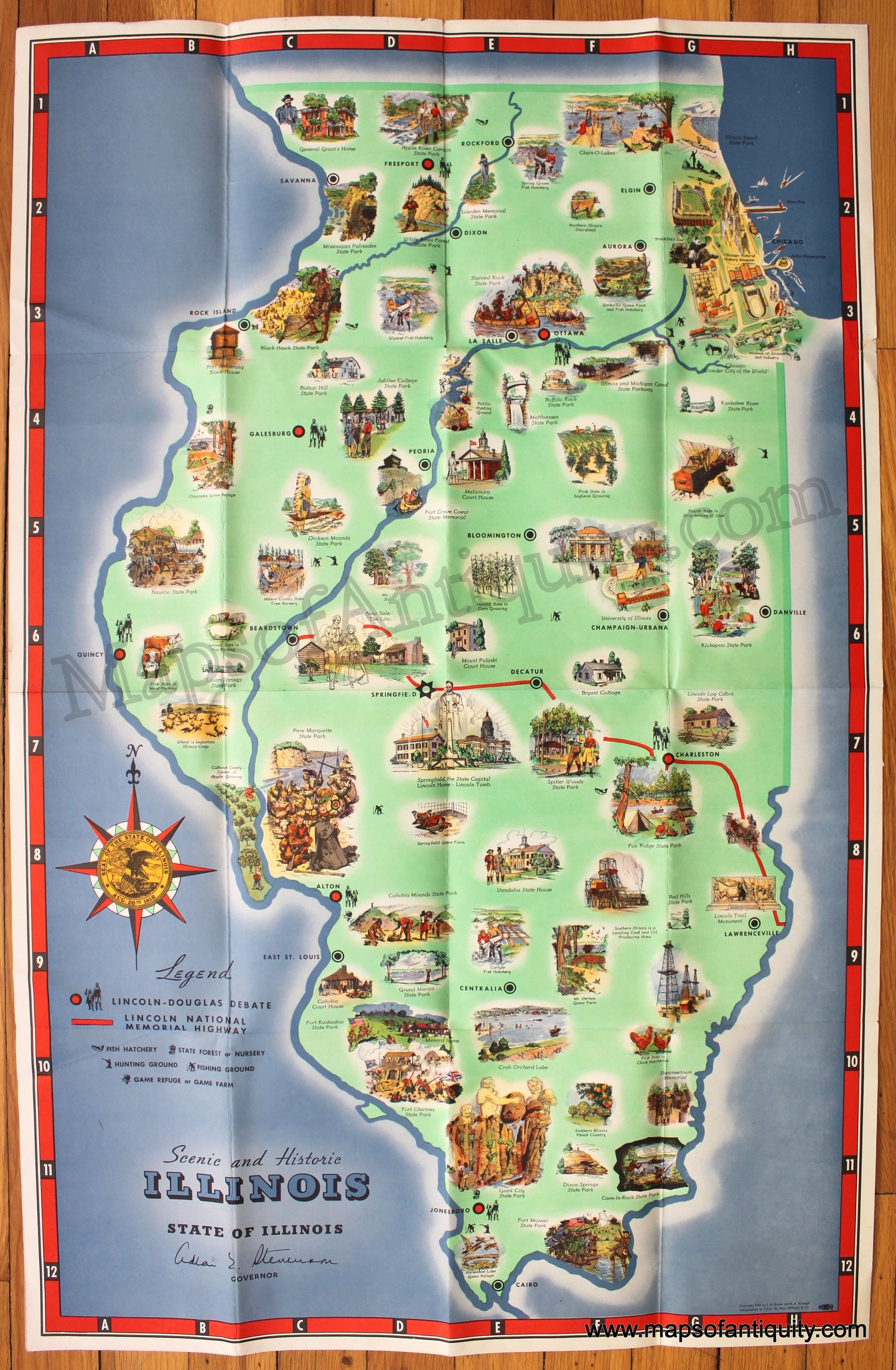 Antique-Printed-Color-Pictorial-Map-Scenic-and-Historic-Illinois-1953-Brown-&-Burleigh-Midwest-Illinois-1900s-20th-century-Maps-of-Antiquity