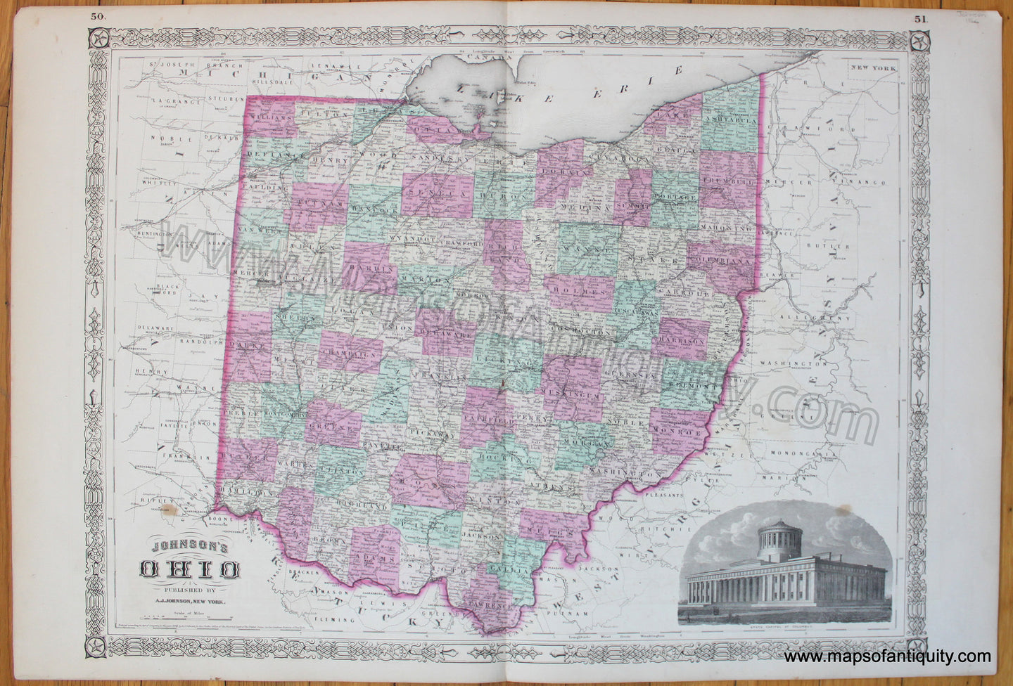 Antique-Map-Johnson's-Ohio-Johnson-1866-1860s-1800s-19th-Century-America-American-Midwest-Midwestern-States-Maps-of-Antiquity