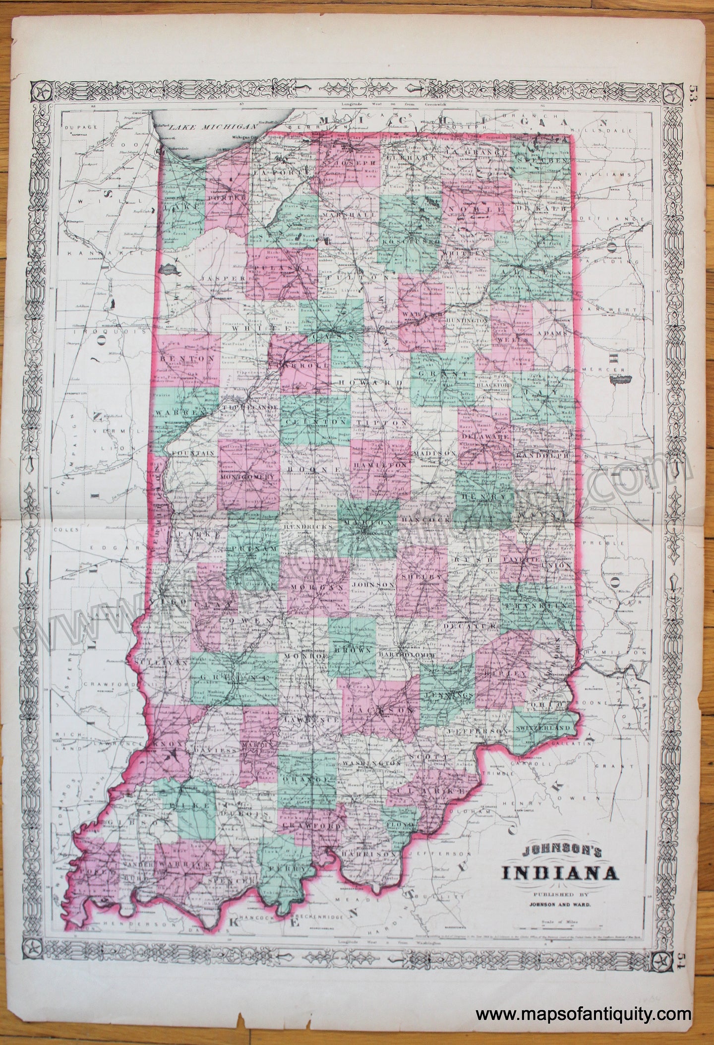 Antique-Map-Johnson's-Indiana-Johnson-1870-1870s-1800s-19th-Century-America-American-Midwest-Midwestern-States-Maps-of-Antiquity