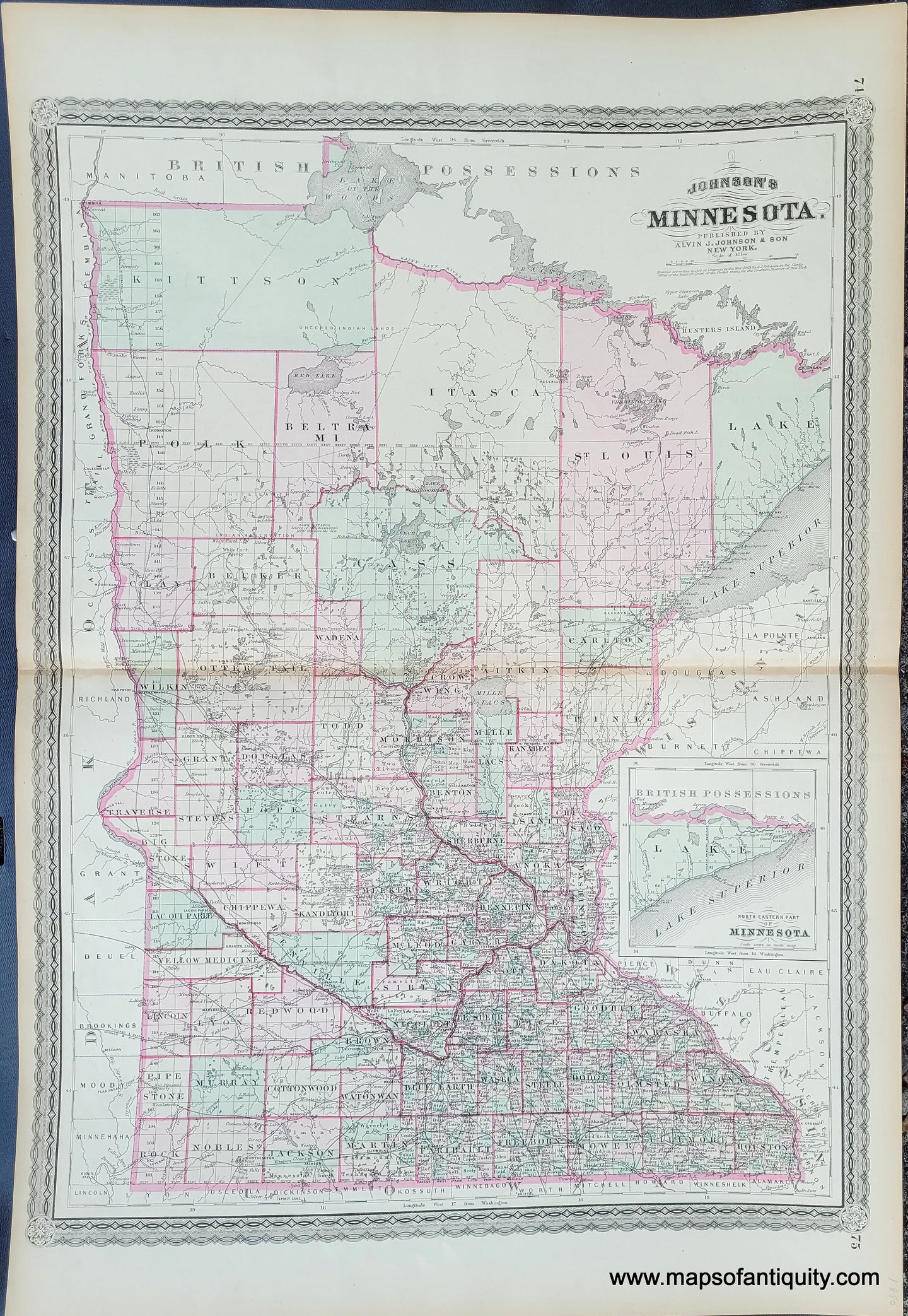 Antique-Hand-Colored-Map-Johnson's-Minnesota-1880-Johnson-Mid-West-Minnesota-1800s-19th-century-Maps-of-Antiquity