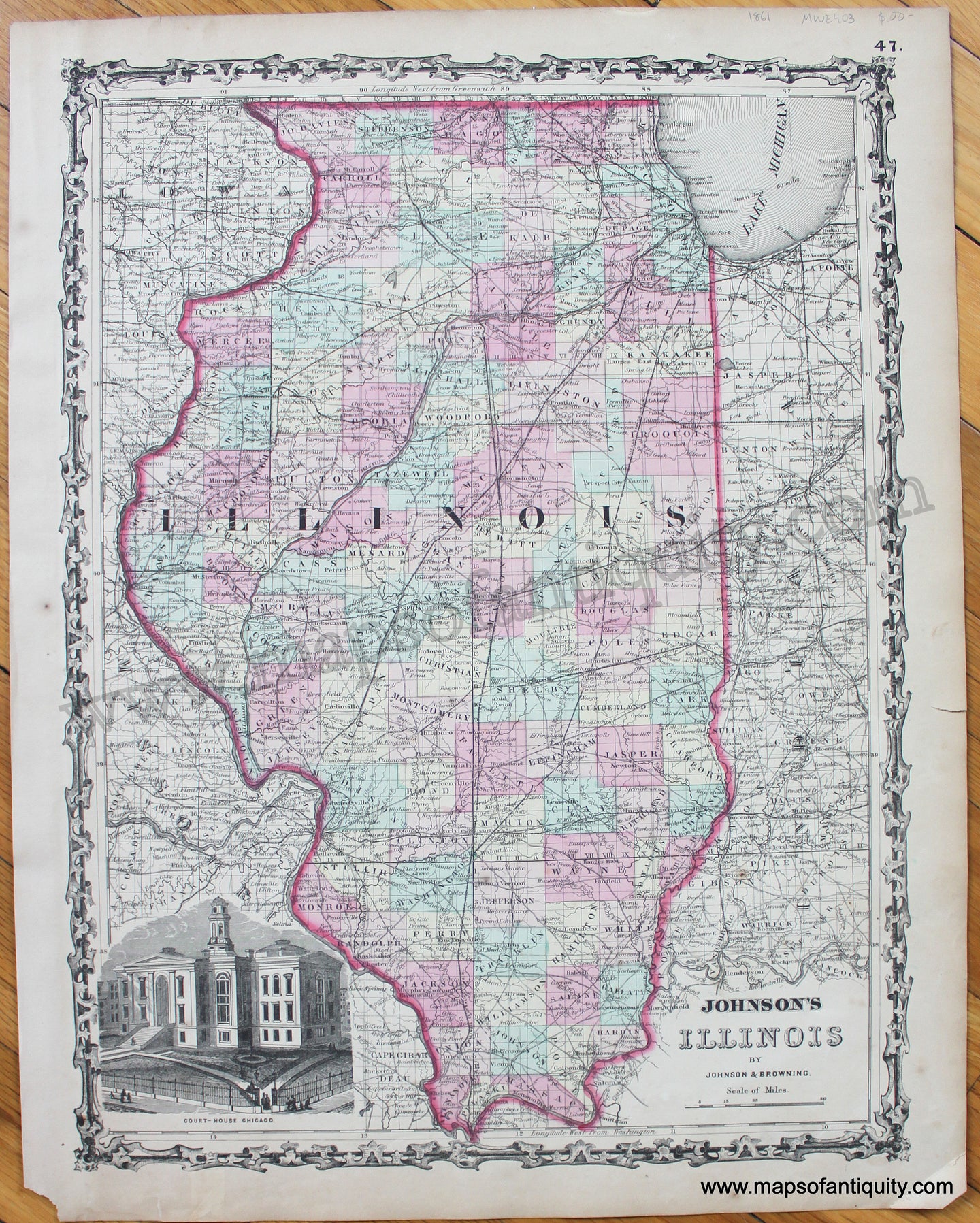Maps-Antiquity-Antique-Map-United-States-Johnson-Ward-1861-1860s-1800s-19th-Century-Johnson's-Illinois-Court-House-Chicago-Courthouse
