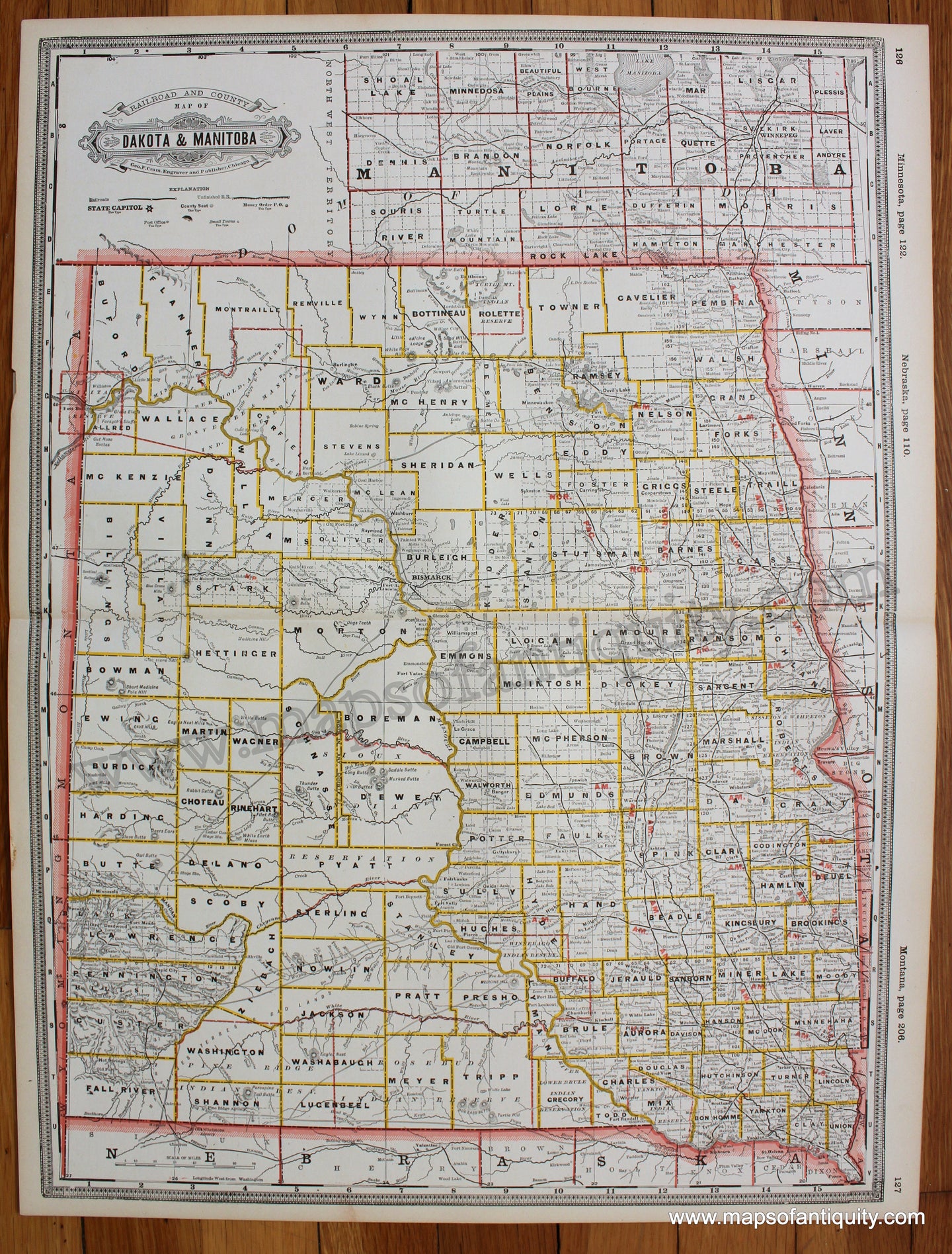 Antique-Printed-Color-Map-Railroad-and-County-Map-of-Dakota-&-Manitoba-1888-Cram-Mid-West-North-Dakota-South-Dakota-1800s-19th-century-Maps-of-Antiquity