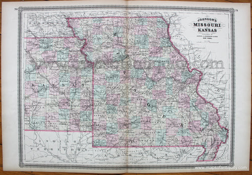 Antique-Hand-Colored-Map-Johnson's-Missouri-and-Kansas-1880-Alvin-J.-Johnson-&-Son-Midwest-1800s-19th-century-Maps-of-Antiquity