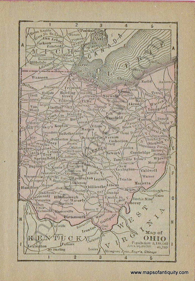 Antique-Printed-Color-Miniature-Map-Miniature-Map-of-Ohio-1888-Blomgren-Bros.-Engravers-Mid-West-Ohio-1800s-19th-century-Maps-of-Antiquity