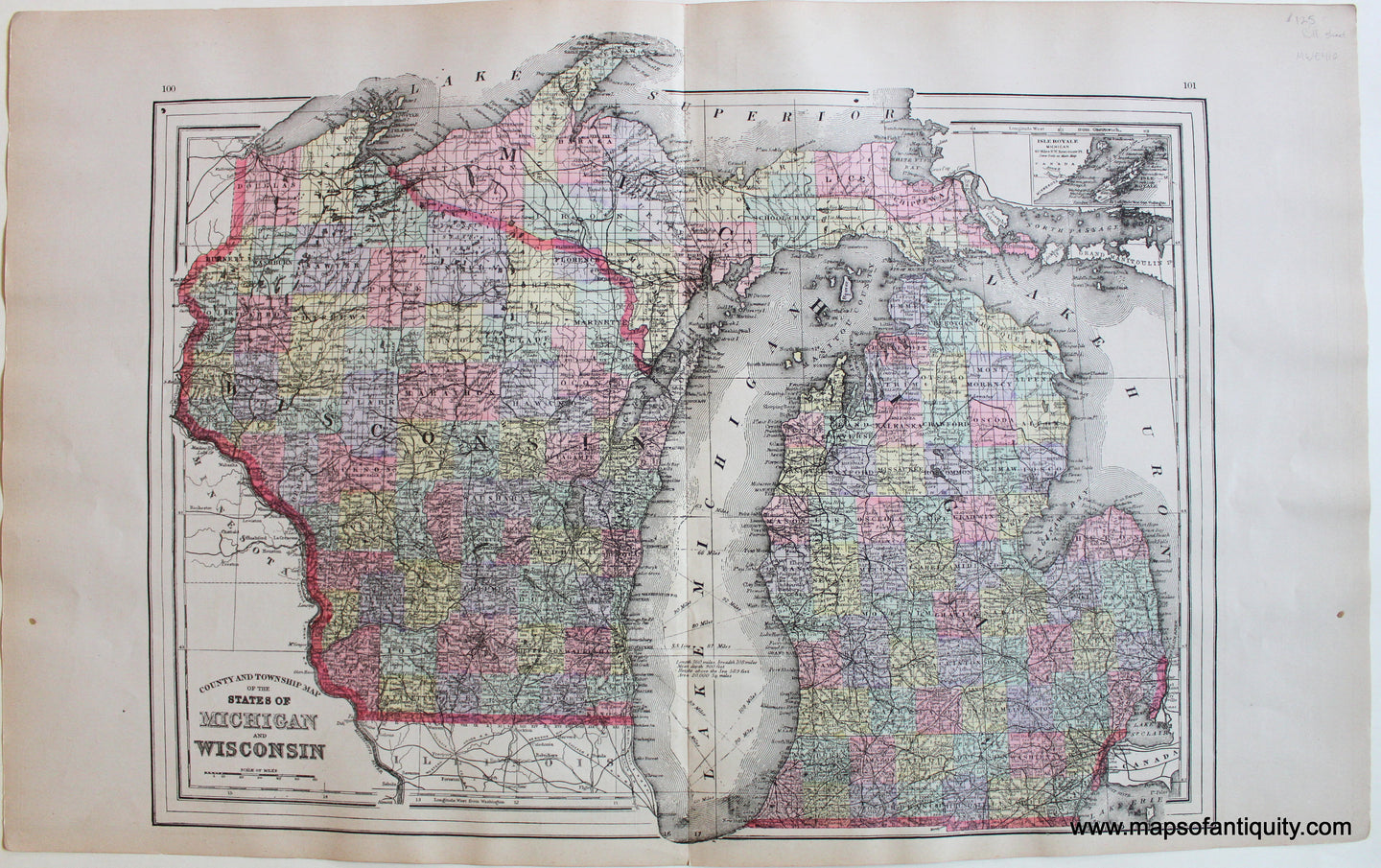 Antique-Hand-Colored-Map-County-and-Township-Map-of-the-States-of-Michigan-and-Wisconsin;-Verso-maps:-Plan-of-the-City-of-Detroit-County-Map-of-Minnesota-1895-Wanamaker/Smith-Midwest-1800s-19th-century-Maps-of-Antiquity