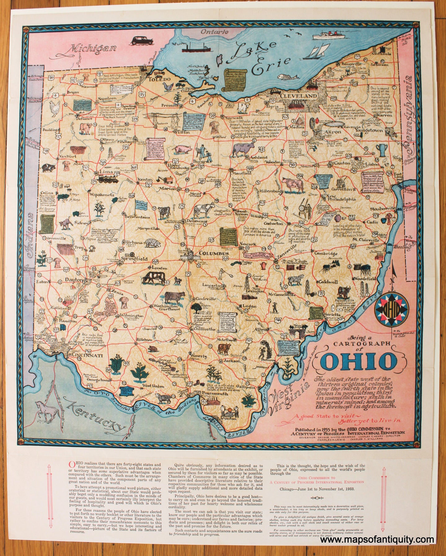Antique-Printed-Color-Pictorial-Map-Being-a-Cartograph-of-Ohio-1933-Sewah-Studios-Midwest-Ohio-1800s-19th-century-Maps-of-Antiquity