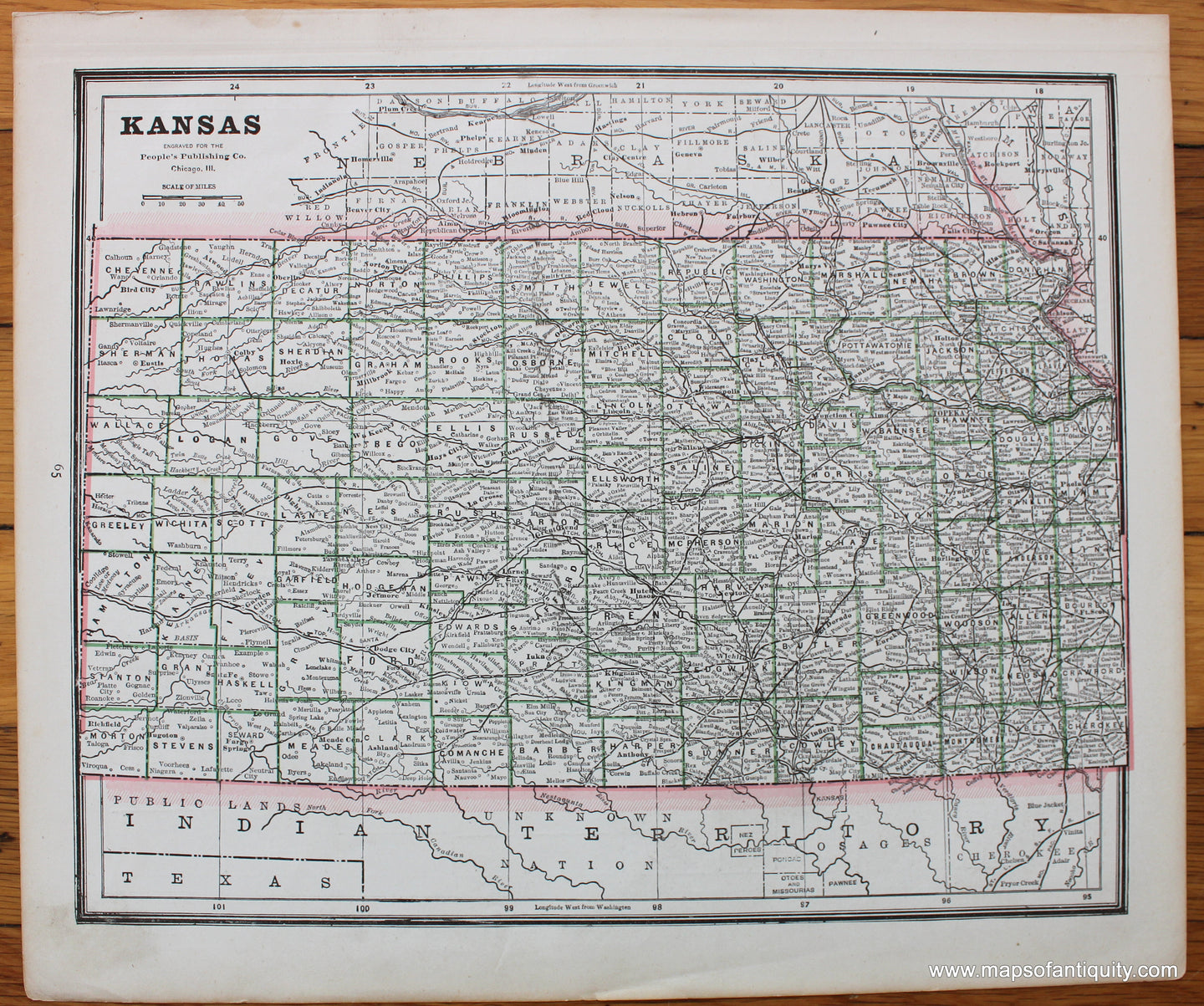 Antique-Printed-Color-Map-Nebraska;-verso:-Kansas-1888-PeopleÃƒÂ¢Ã¢â€šÂ¬Ã¢â€žÂ¢s-Publishing-Company-Nebraska-1800s-19th-century-Maps-of-Antiquity