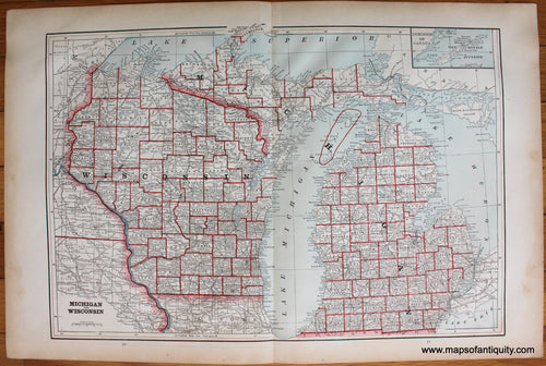 Antique-Printed-Color-Map-Michigan-and-Wisconsin;-verso:-Missouri-and-Kansas-1888-PeopleÃ¢â‚¬â„¢s-Publishing-Company-Michiga-1800s-19th-century-Maps-of-Antiquity