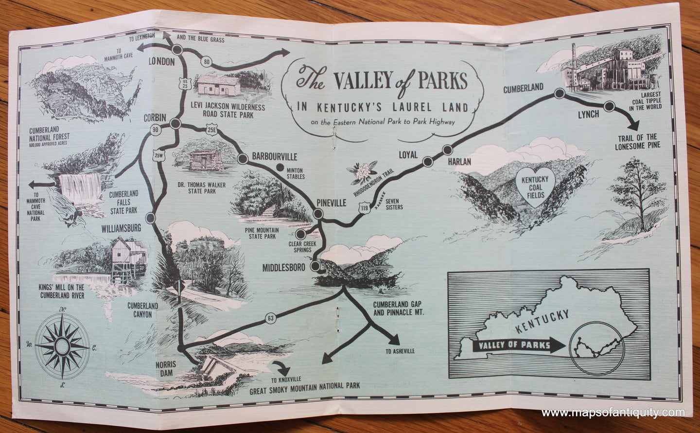 Antique-Pictorial-Map-The-Valley-of-Parks-in-Kentucky's-Laurel-Land-c.-1950-Midwest-Kentucky-1800s-19th-century-Maps-of-Antiquity