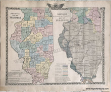 Load image into Gallery viewer, Antique-Hand-Colored-Map-Political-Map-of-Illinois-/-Worthens-Geological-and-Climate-Map-of-Illinois;-verso:-Five-small-cities-of-Illinois-1876-Warner-&amp;-Beers-/-Union-Atlas-Co.-Midwest-1800s-19th-century-Maps-of-Antiquity
