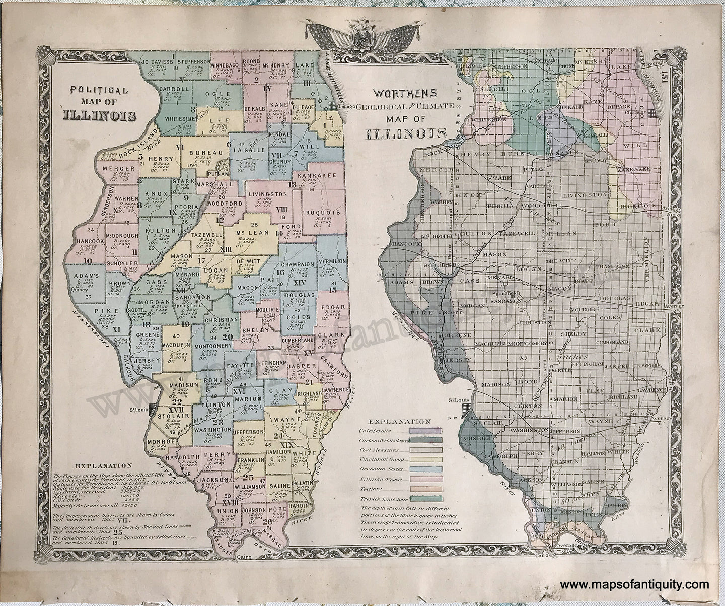 Antique-Hand-Colored-Map-Political-Map-of-Illinois-/-Worthens-Geological-and-Climate-Map-of-Illinois;-verso:-Five-small-cities-of-Illinois-1876-Warner-&-Beers-/-Union-Atlas-Co.-Midwest-1800s-19th-century-Maps-of-Antiquity