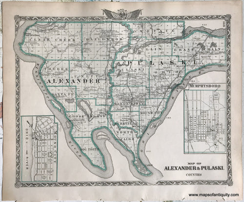 Antique-Hand-Colored-Map-Map-of-Alexander-&-Pulaski-Counties;-verso:-Four-small-cities-of-Illinois-1876-Warner-&-Beers-/-Union-Atlas-Co.-Midwest-1800s-19th-century-Maps-of-Antiquity