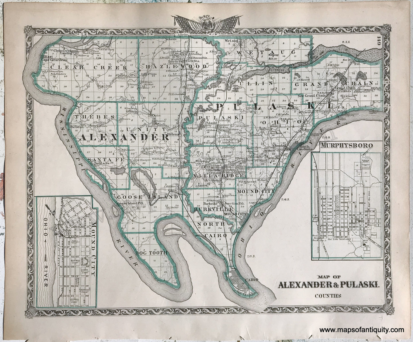 Antique-Hand-Colored-Map-Map-of-Alexander-&-Pulaski-Counties;-verso:-Four-small-cities-of-Illinois-1876-Warner-&-Beers-/-Union-Atlas-Co.-Midwest-1800s-19th-century-Maps-of-Antiquity