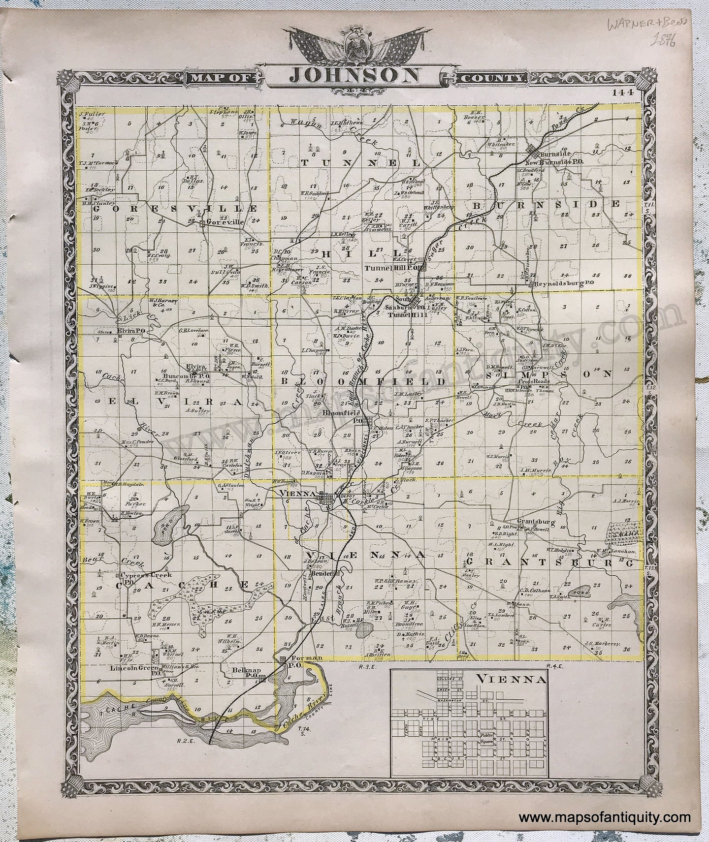 Antique-Hand-Colored-Map-Johnson-County-Illinois;-verso:-Pope-&-Massac-Counties-Illinois-1876-Warner-&-Beers-/-Union-Atlas-Co.-Midwest-1800s-19th-century-Maps-of-Antiquity