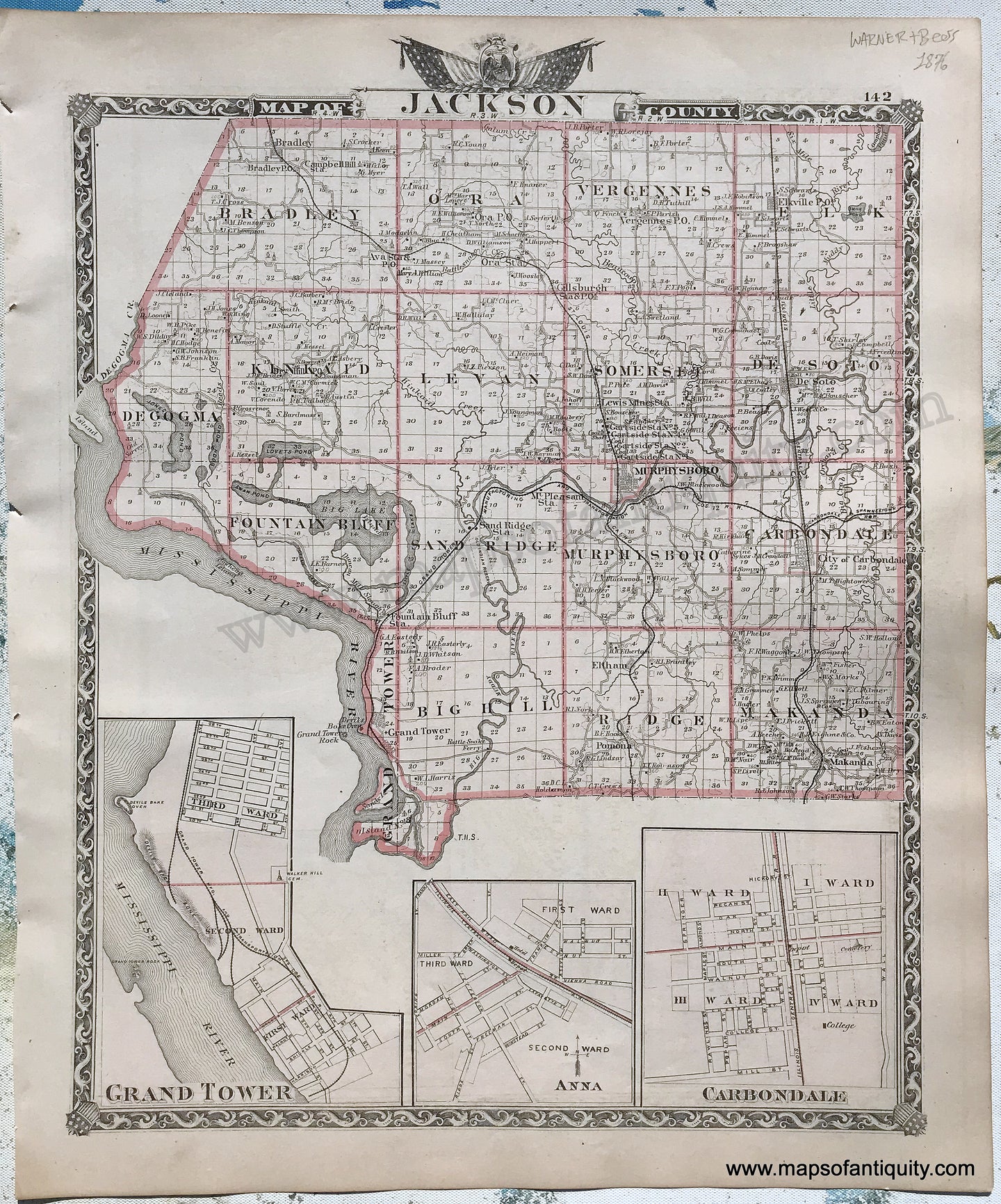 Antique-Hand-Colored-Map-Jackson-County;-verso:-Unions-County-Illinois-1876-Warner-&-Beers-/-Union-Atlas-Co.-Midwest-1800s-19th-century-Maps-of-Antiquity