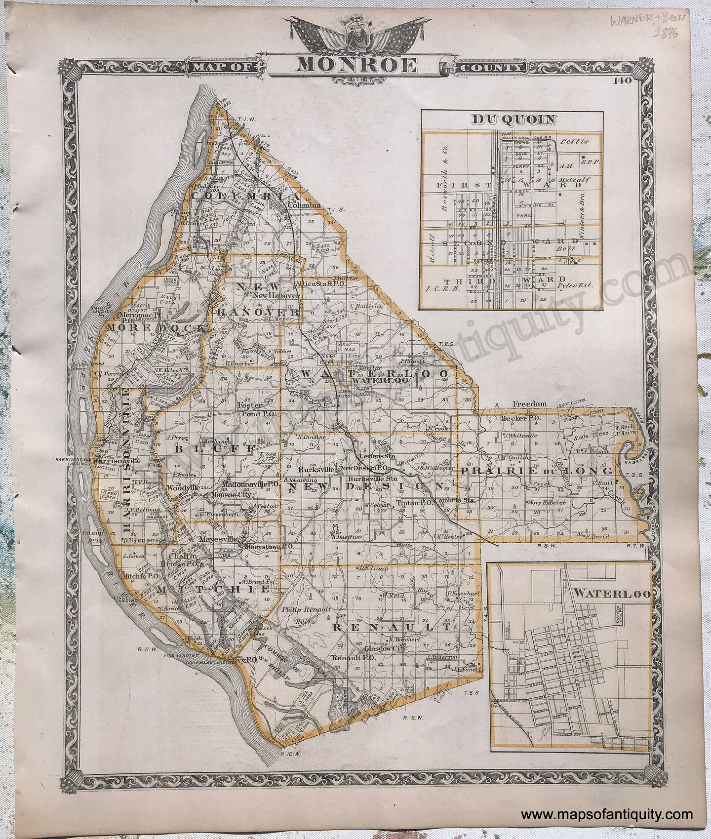 Antique-Hand-Colored-Map-Monroe-County;-verso:-Randolph-County-Illinois-1876-Warner-&-Beers-/-Union-Atlas-Co.-Midwest-1800s-19th-century-Maps-of-Antiquity